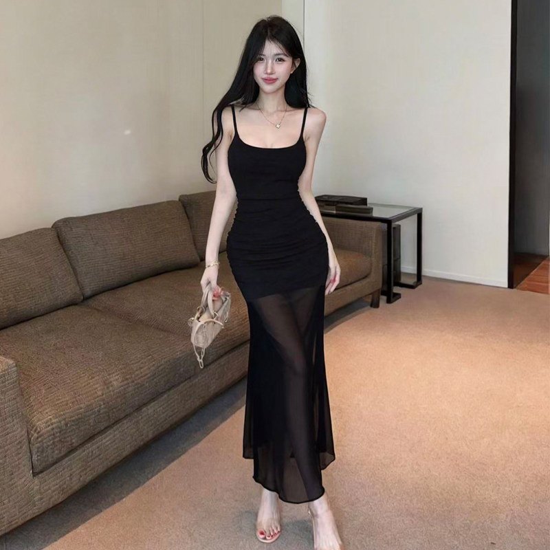 低胸吊带网纱连衣裙收腰修身显瘦长裙内搭