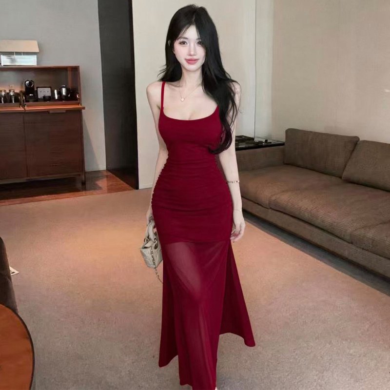 低胸吊带网纱连衣裙收腰修身显瘦长裙内搭
